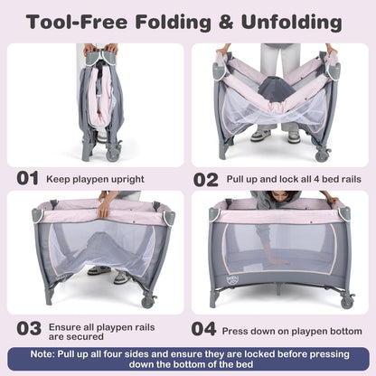 BABY JOY 5-in-1 Pack and Play Playard with Bassinet – Pink