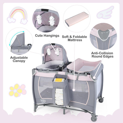BABY JOY 5-in-1 Pack and Play Playard with Bassinet – Pink