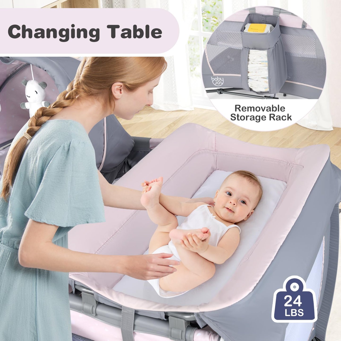 BABY JOY 5-in-1 Pack and Play Playard with Bassinet – Pink