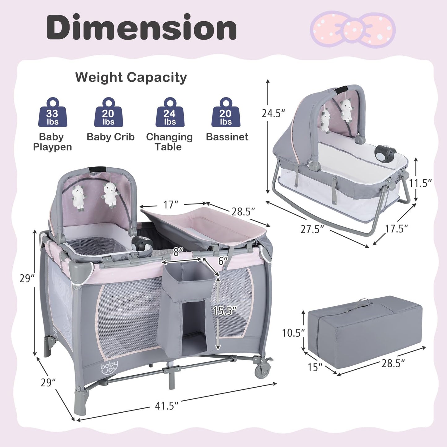 BABY JOY 5-in-1 Pack and Play Playard with Bassinet – Pink