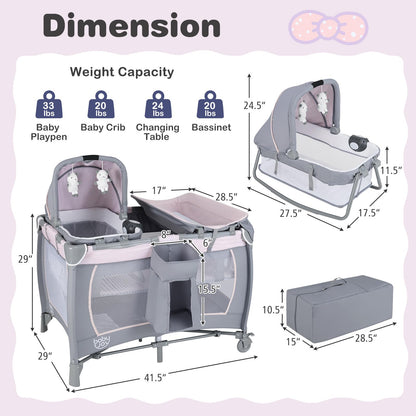 BABY JOY 5-in-1 Pack and Play Playard with Bassinet – Pink