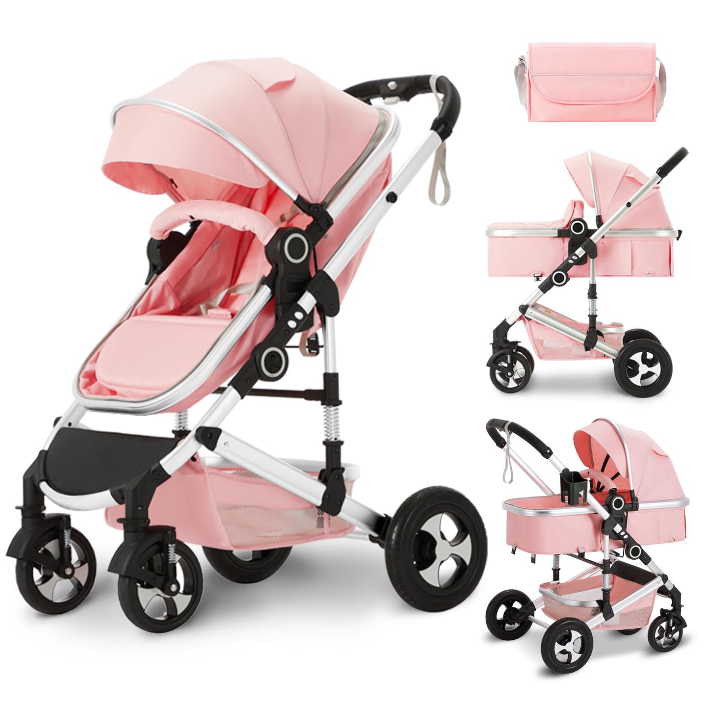 Kinder King 2-in-1 Convertible Baby Stroller with Diaper Bag, Pink