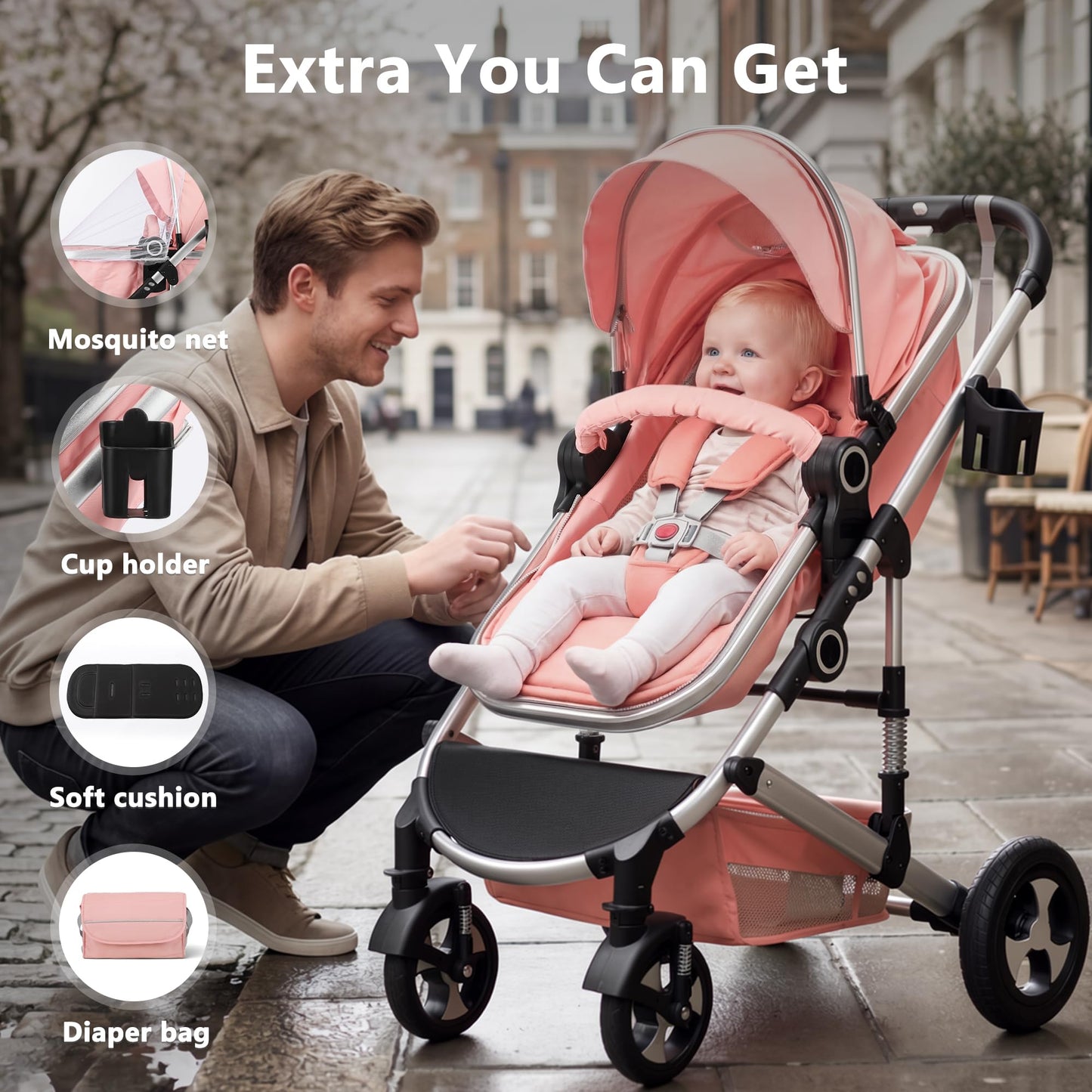 Kinder King 2-in-1 Convertible Baby Stroller with Diaper Bag, Pink