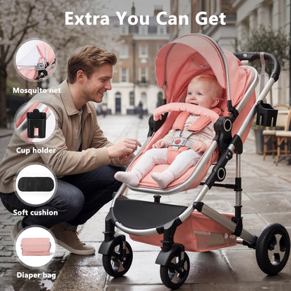 Kinder King 2-in-1 Convertible Baby Stroller with Diaper Bag, Pink