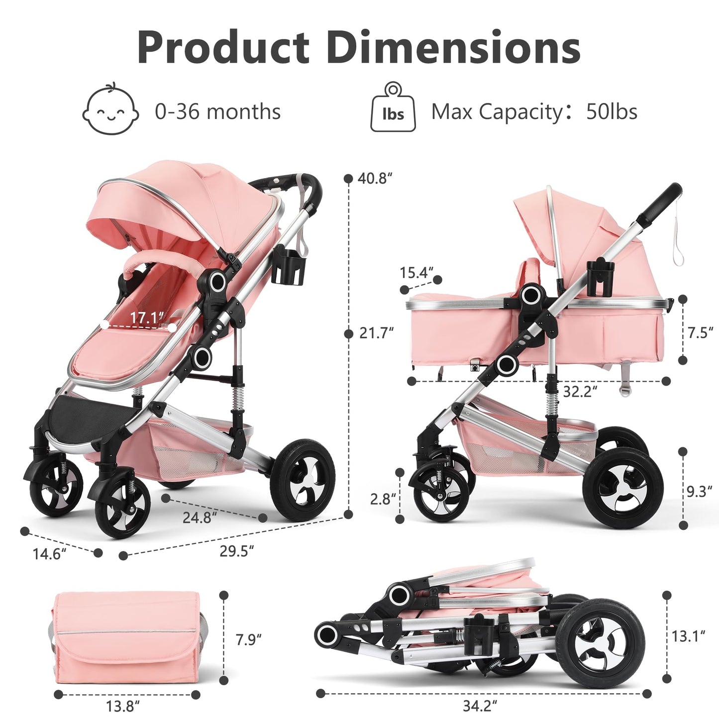 Kinder King 2-in-1 Convertible Baby Stroller with Diaper Bag, Pink