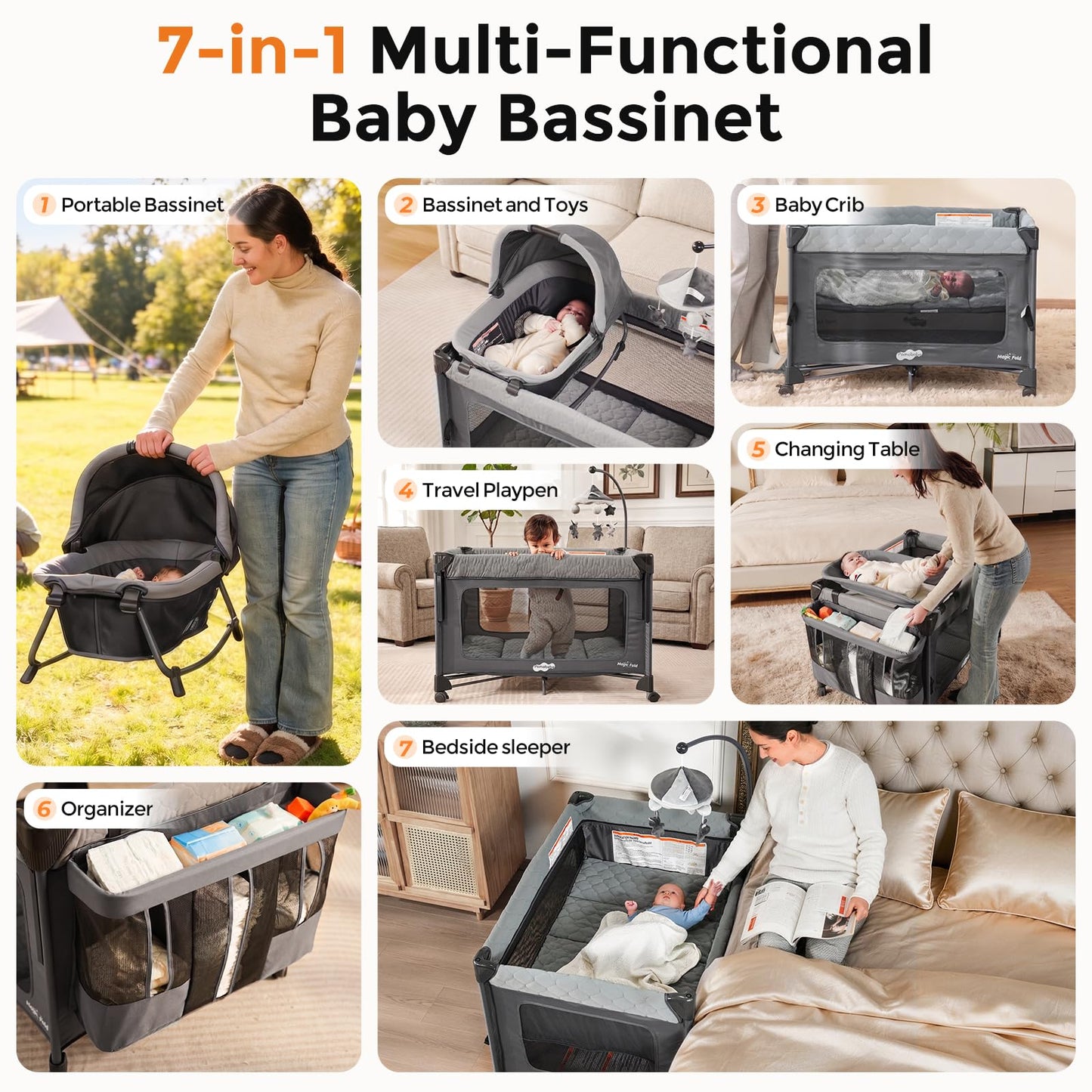 Pamo Babe 7-in-1 Pack and Play with Bassinet & Changing Station