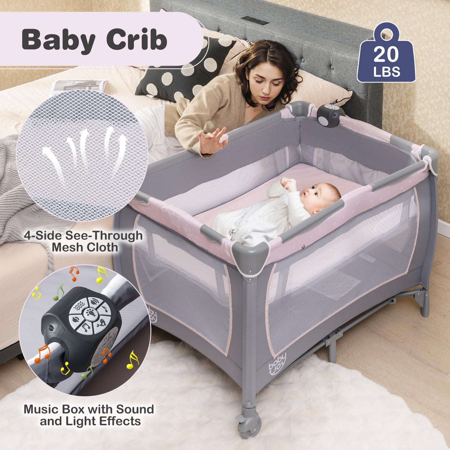 BABY JOY 5-in-1 Pack and Play Playard with Bassinet – Pink