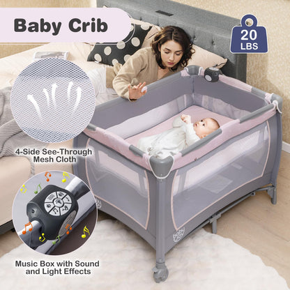 BABY JOY 5-in-1 Pack and Play Playard with Bassinet – Pink