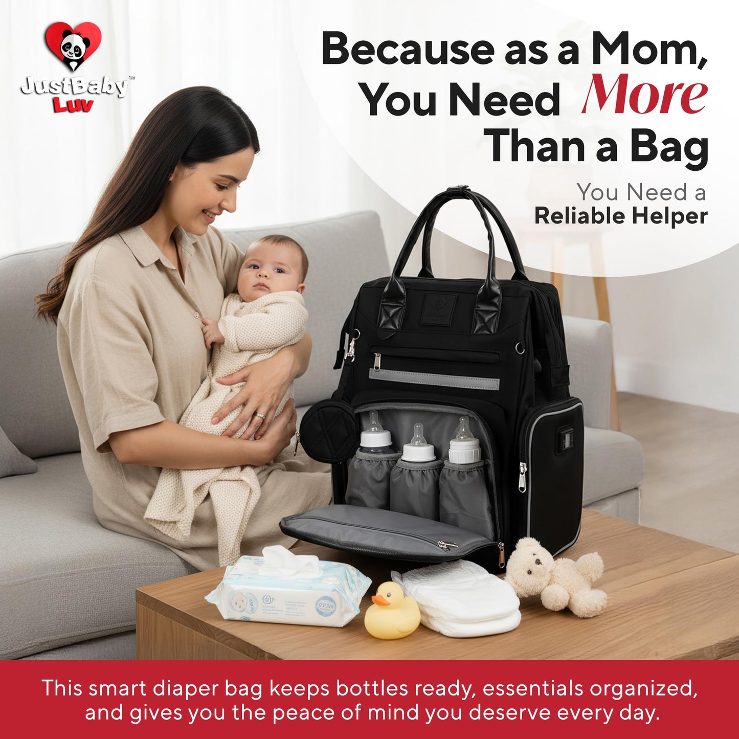 JustBaby Luv Diaper Bag Backpack with Changing Station | Black