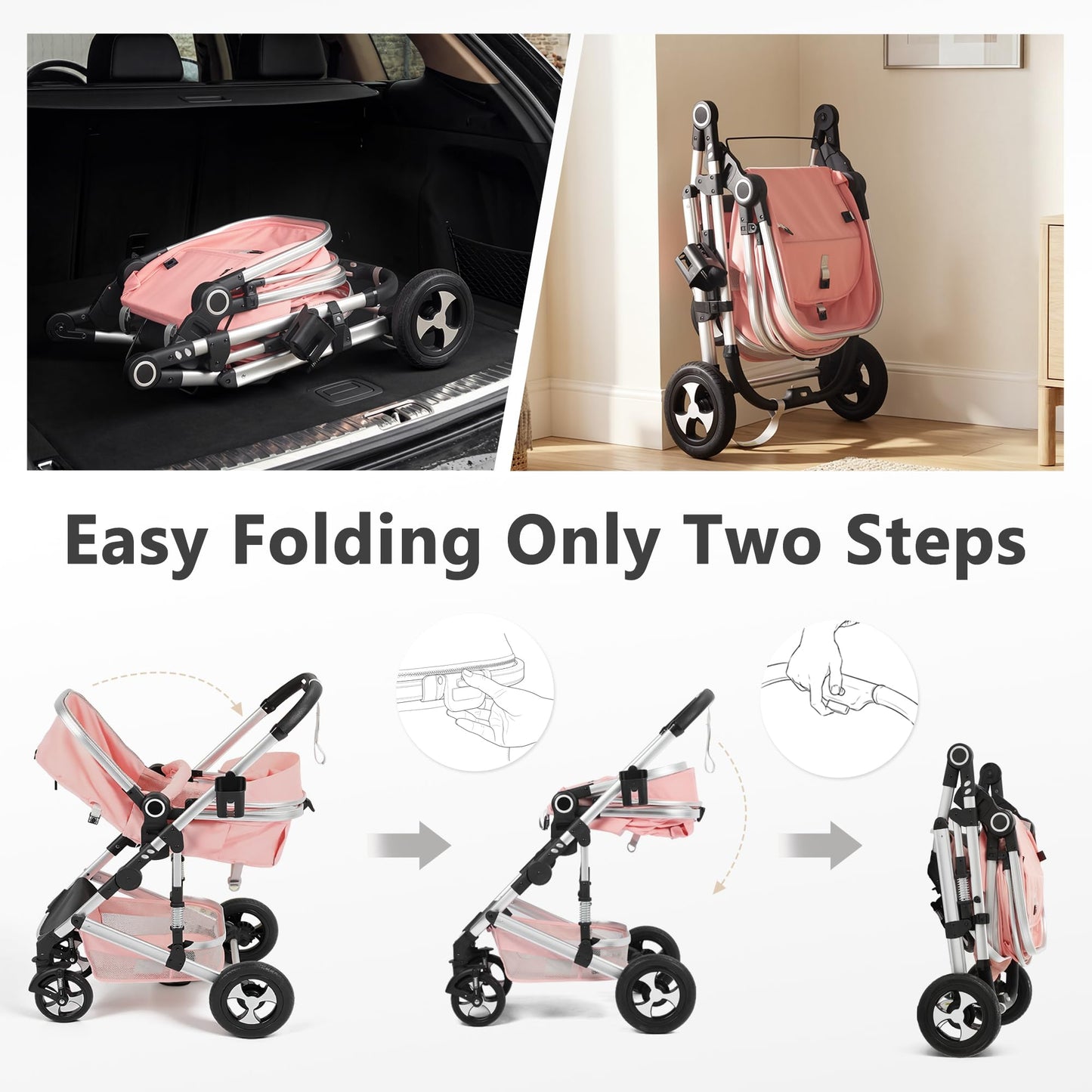 Kinder King 2-in-1 Convertible Baby Stroller with Diaper Bag, Pink