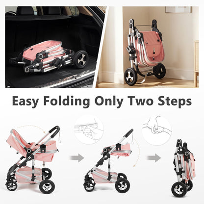 Kinder King 2-in-1 Convertible Baby Stroller with Diaper Bag, Pink