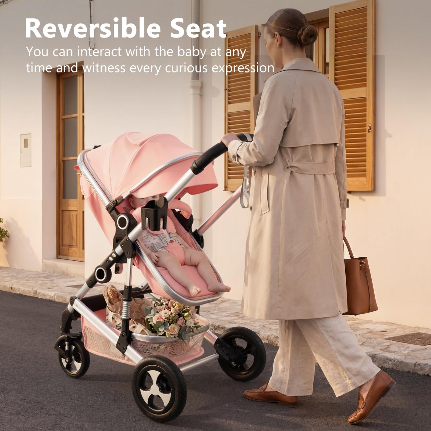 Kinder King 2-in-1 Convertible Baby Stroller with Diaper Bag, Pink