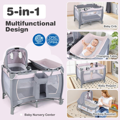 BABY JOY 5-in-1 Pack and Play Playard with Bassinet – Pink